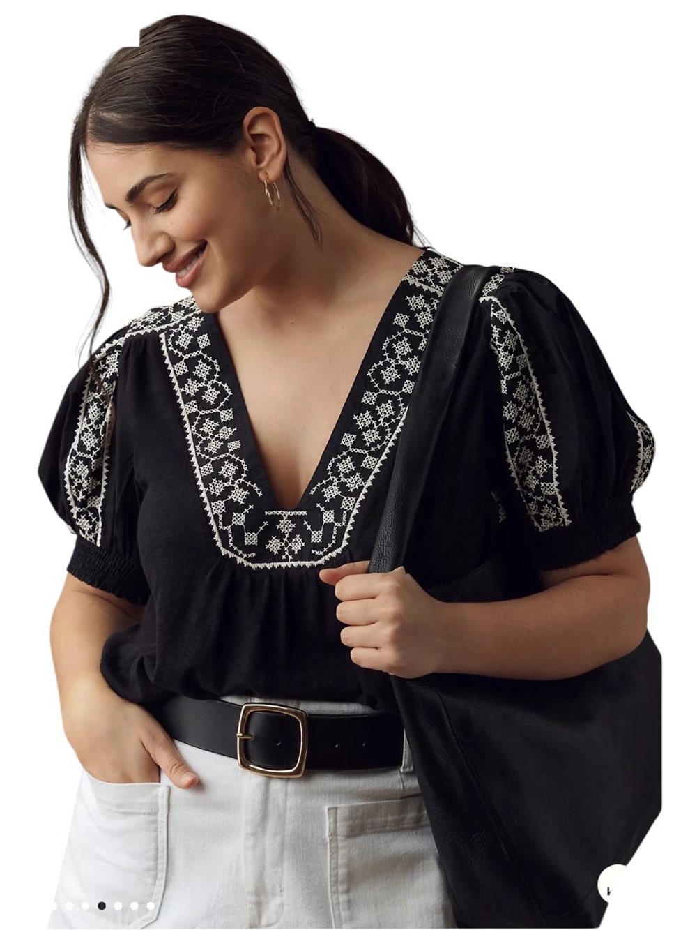 By Anthropologie Puff-Sleeve Embroidered Top L